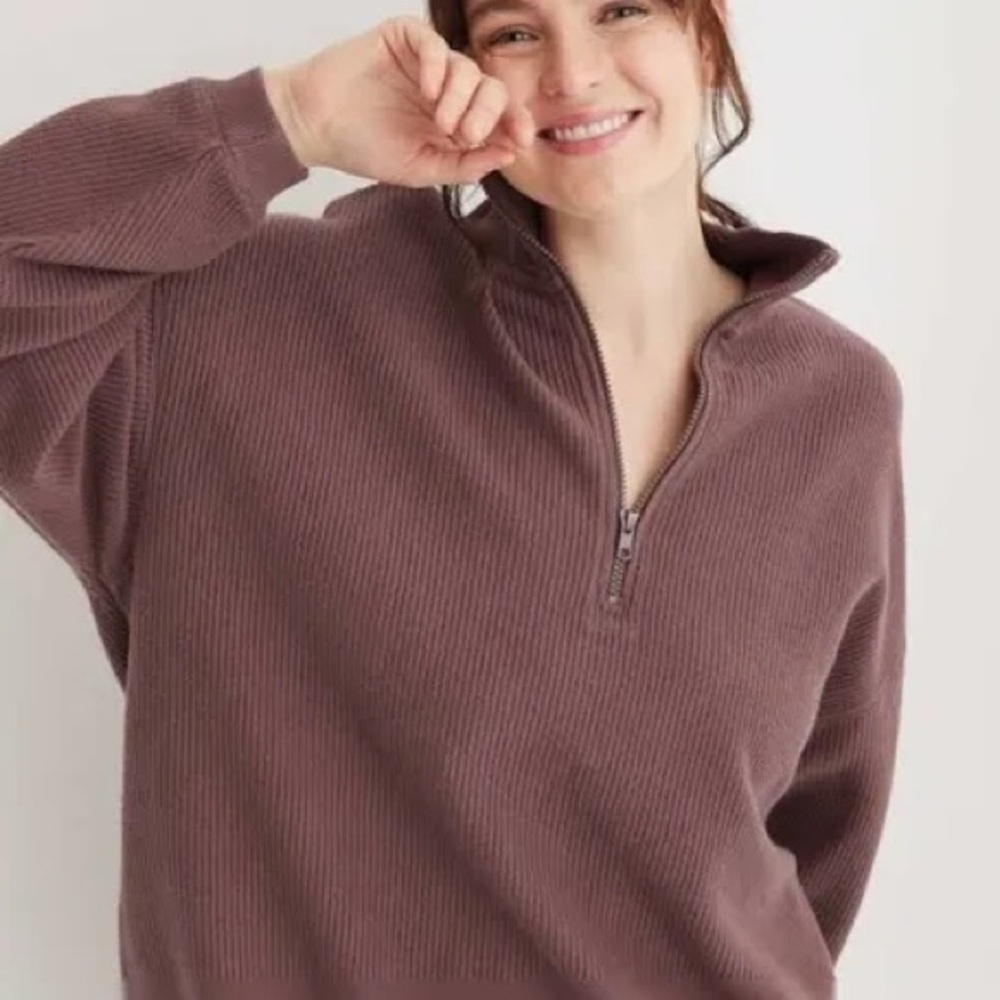 Aerie โGood Vibesโ Brown Oversized Corded Quarter-Zip Sweatshirt โ Womenโs Sz S